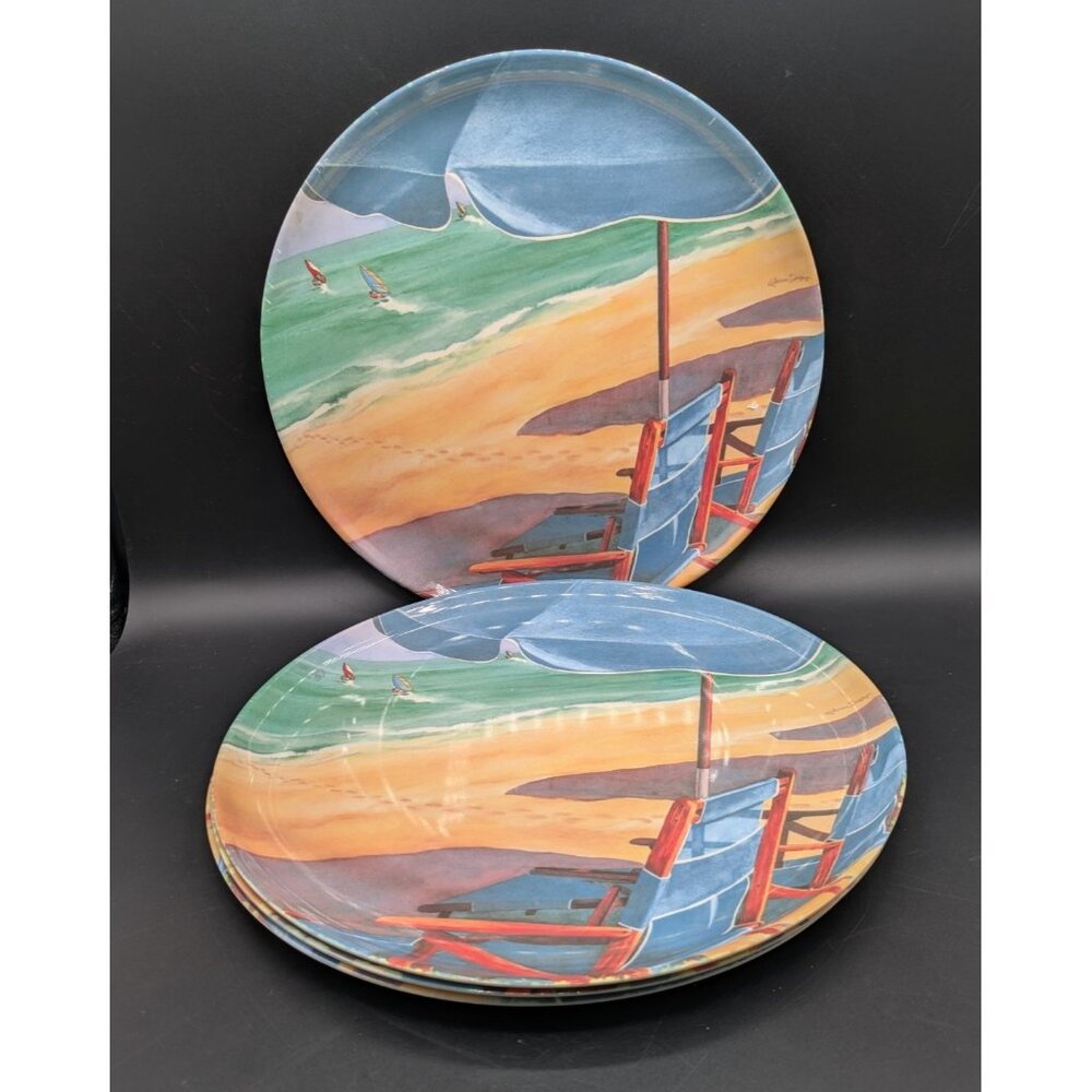Precidio Melamine Beach Dinner Plates Set of 4 Chair Umbrella Ocean Dishes 11"
